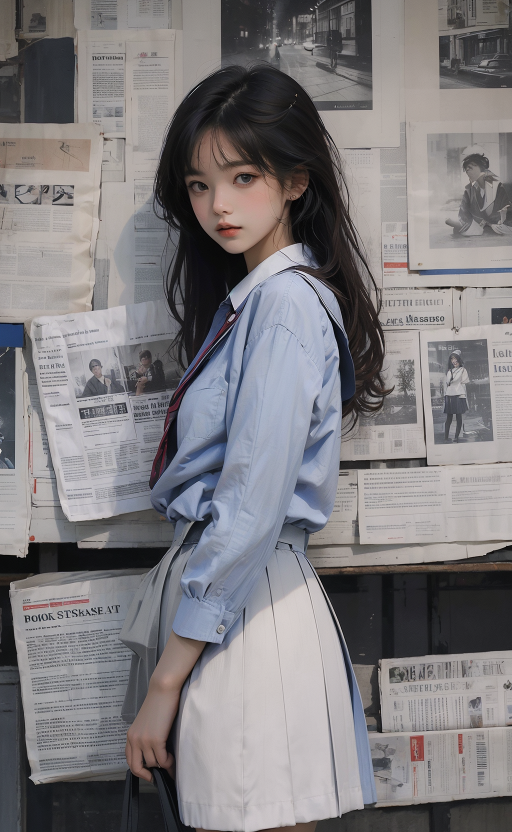 02712-3256508265-(masterpiece,top quality,best quality,official art,beautiful and aesthetic_1.2),_1girl,newspaper background,standing, looking at.png